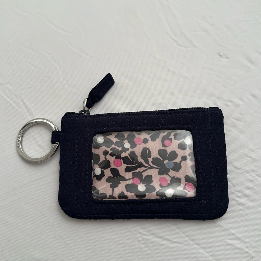 Vera Bradley navy blue quilted microfiber zip ID case polished nickel key ring